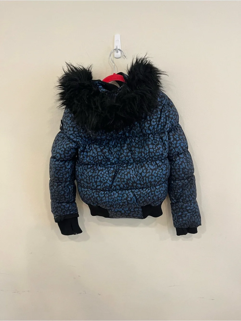 Appaman Blue Leopard Print Puffer Jacket with Black Faux Fur Hood